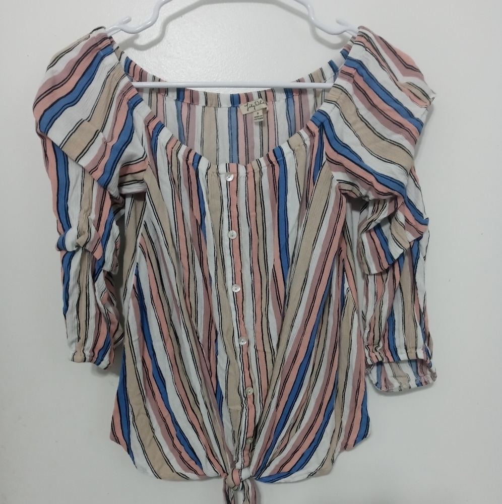 Lily White Striped off the shoulder tie Waist crop top Layered Sleeves Small